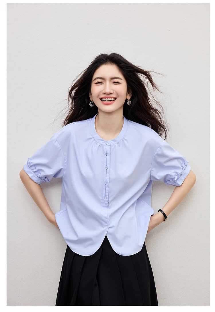 블루 색상 프랑스식 여성 셔츠 2026 여름 드레스 새로운 반팔 패션 품격 캐주얼 출퇴근 착용 가져 가라. 경력 셔츠 상세 이미지 12