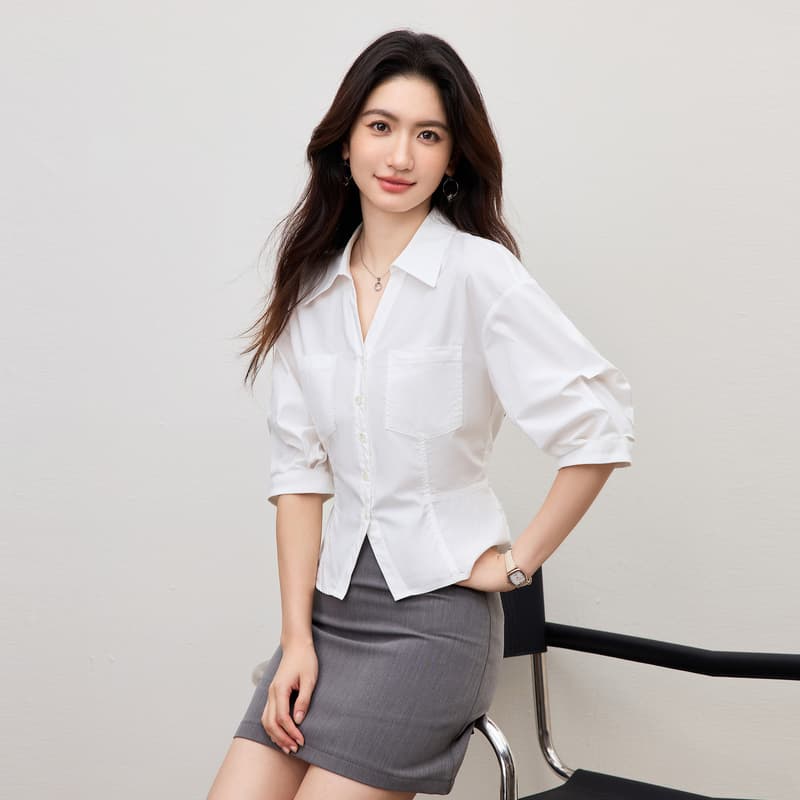 화이트 허리 수축 여성 셔츠 2026 년 여름 드레스 새로운 고급 출퇴근 경력 센스 연령 감소 프랑스식 거품 소매 맨위 이미지 3