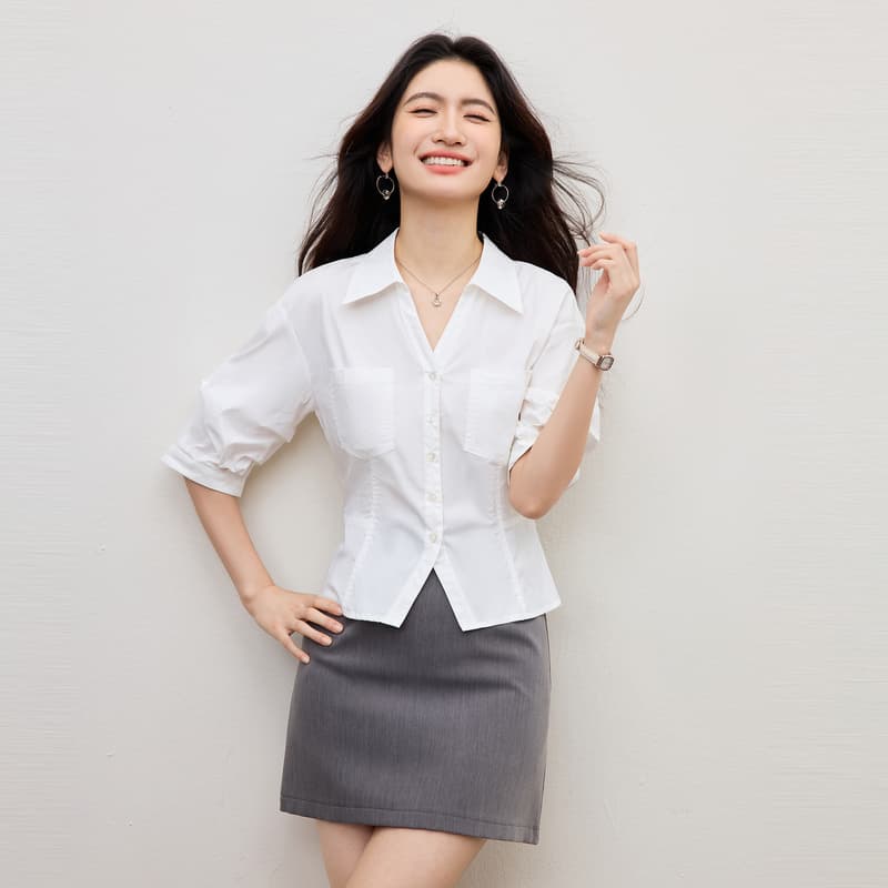화이트 허리 수축 여성 셔츠 2026 년 여름 드레스 새로운 고급 출퇴근 경력 센스 연령 감소 프랑스식 거품 소매 맨위 이미지 4