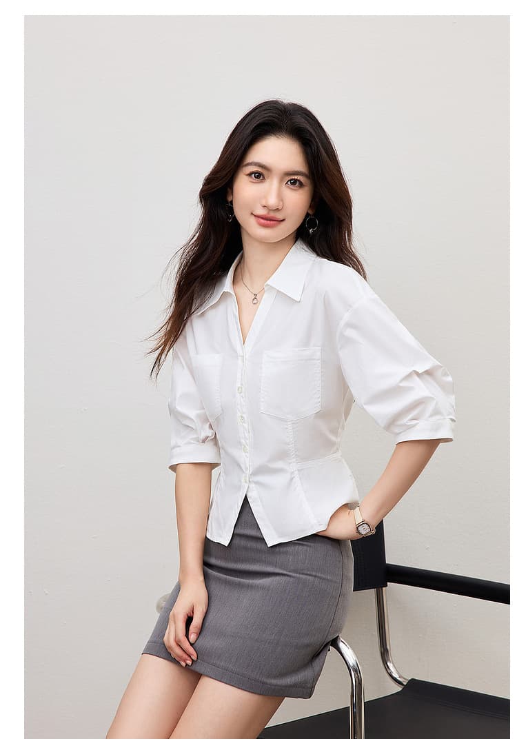 화이트 허리 수축 여성 셔츠 2026 년 여름 드레스 새로운 고급 출퇴근 경력 센스 연령 감소 프랑스식 거품 소매 맨위 상세 이미지 15