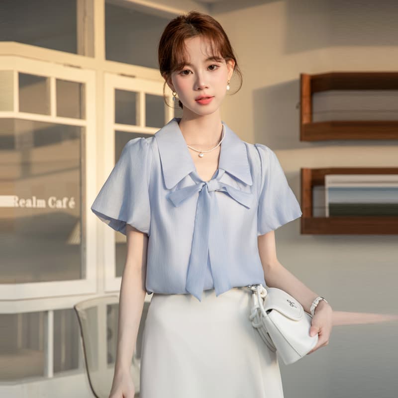파란색 반팔 셔츠 여성 여름 섹션 빛 직장 경력 면접 다용도 출퇴근 프랑스식 품격 맨위 셔츠 여성 이미지 4