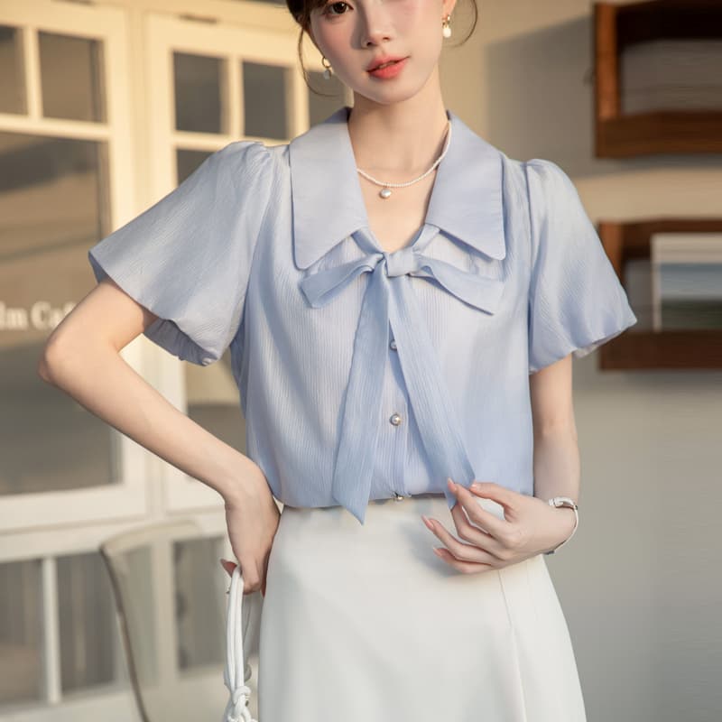 파란색 반팔 셔츠 여성 여름 섹션 빛 직장 경력 면접 다용도 출퇴근 프랑스식 품격 맨위 셔츠 여성 이미지 2