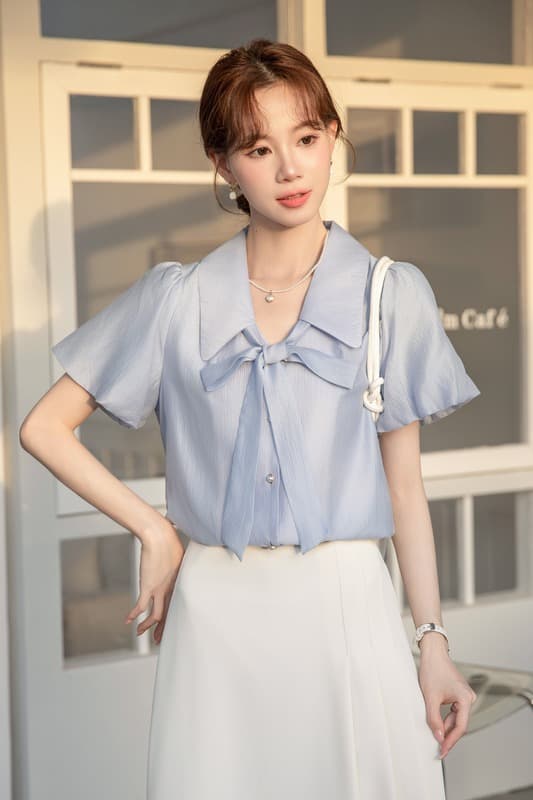 파란색 반팔 셔츠 여성 여름 섹션 빛 직장 경력 면접 다용도 출퇴근 프랑스식 품격 맨위 셔츠 여성 이미지 7