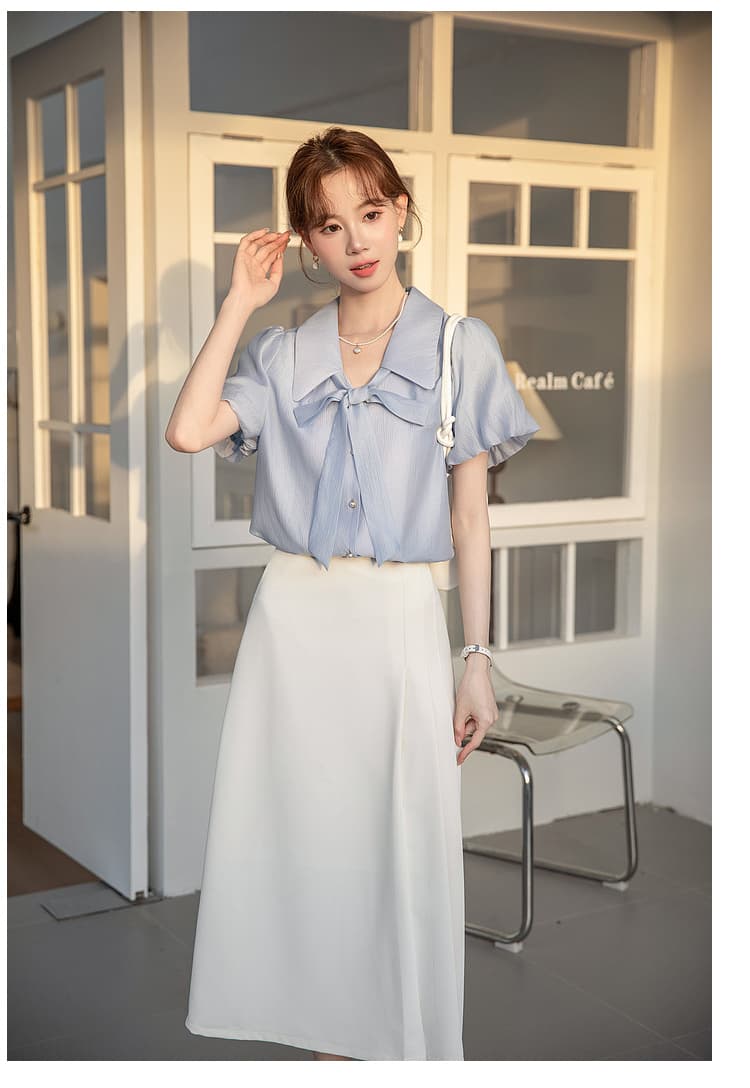 파란색 반팔 셔츠 여성 여름 섹션 빛 직장 경력 면접 다용도 출퇴근 프랑스식 품격 맨위 셔츠 여성 상세 이미지 14