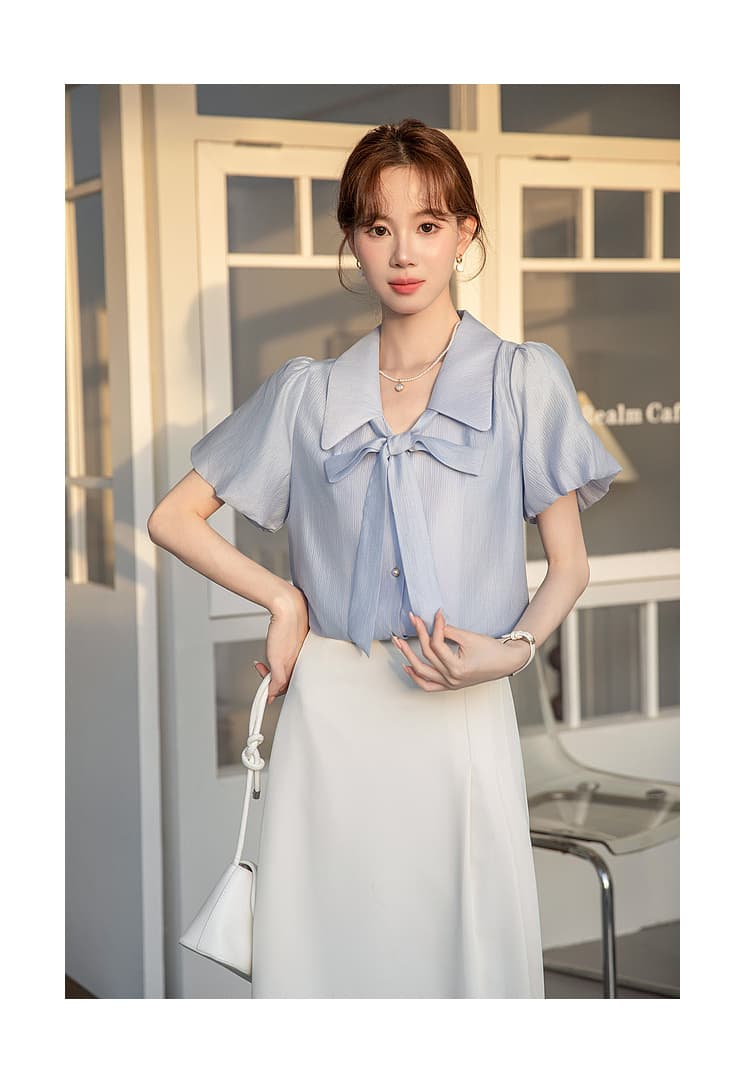 파란색 반팔 셔츠 여성 여름 섹션 빛 직장 경력 면접 다용도 출퇴근 프랑스식 품격 맨위 셔츠 여성 상세 이미지 17