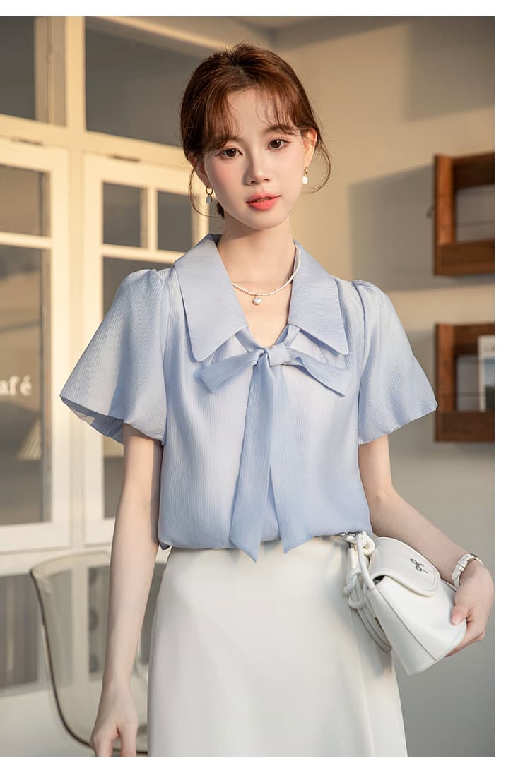 파란색 반팔 셔츠 여성 여름 섹션 빛 직장 경력 면접 다용도 출퇴근 프랑스식 품격 맨위 셔츠 여성 상세 이미지 19