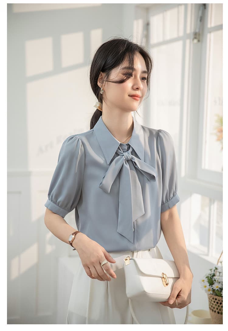 파란색 리본 반팔 여성 셔츠 여름 섹션 작은 키 고급 센스 맨위 면접 인사이드 가져 가라. 긍정적 인 로드 중 경력 셔츠 상세 이미지 27