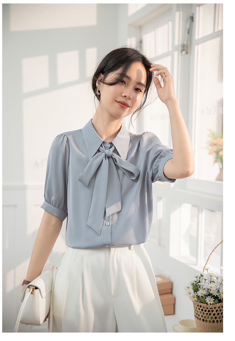 파란색 리본 반팔 여성 셔츠 여름 섹션 작은 키 고급 센스 맨위 면접 인사이드 가져 가라. 긍정적 인 로드 중 경력 셔츠 상세 이미지 29