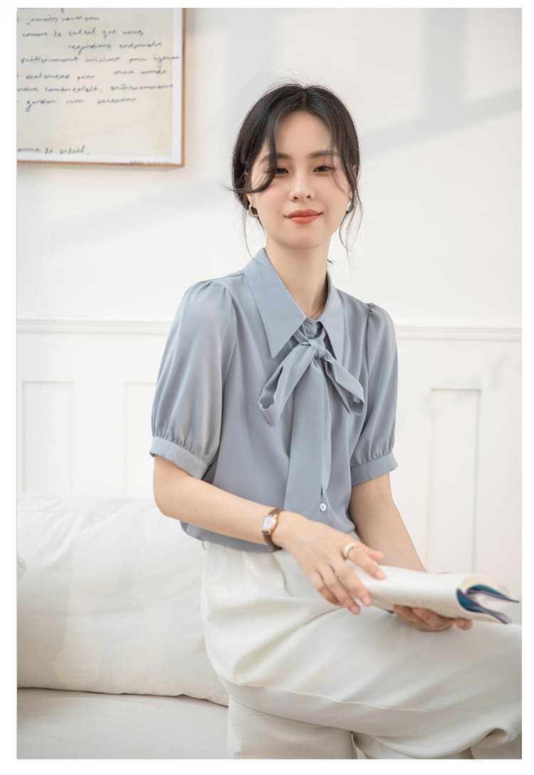 파란색 리본 반팔 여성 셔츠 여름 섹션 작은 키 고급 센스 맨위 면접 인사이드 가져 가라. 긍정적 인 로드 중 경력 셔츠 상세 이미지 31