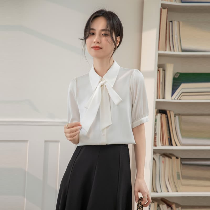파란색 리본 반팔 여성 셔츠 여름 섹션 작은 키 고급 센스 맨위 면접 인사이드 가져 가라. 긍정적 인 로드 중 경력 셔츠 이미지 3