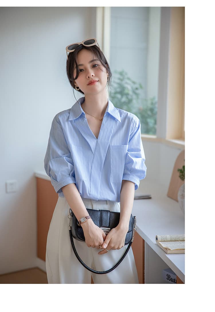 파란색 스트라이프 반팔 품격 출퇴근 V 넥 셔츠 여자 여름 비즈니스웨어 빛 직장 착용 가져 가라. 루즈핏 셔츠 상세 이미지 13