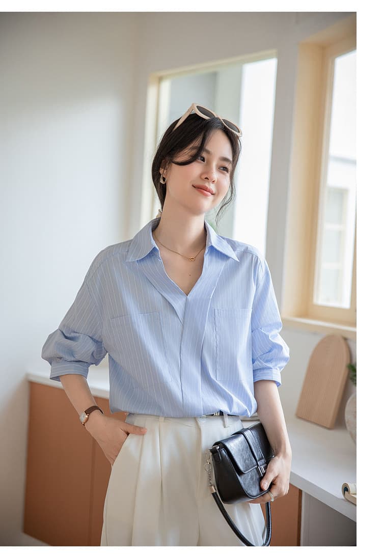 파란색 스트라이프 반팔 품격 출퇴근 V 넥 셔츠 여자 여름 비즈니스웨어 빛 직장 착용 가져 가라. 루즈핏 셔츠 상세 이미지 19