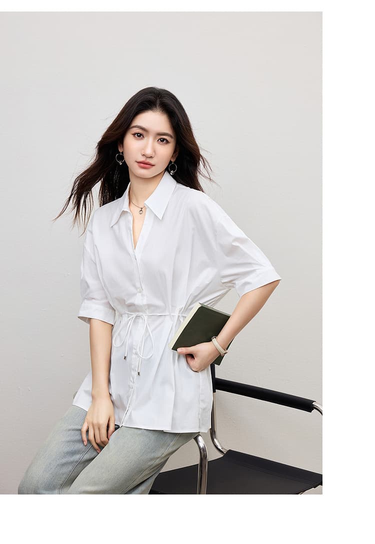 화이트 여성 셔츠 2026 봄 새로운 얇은 스타일 불규칙 반팔 인기 다용도 출퇴근 경력 단색 품격 맨위 상세 이미지 13