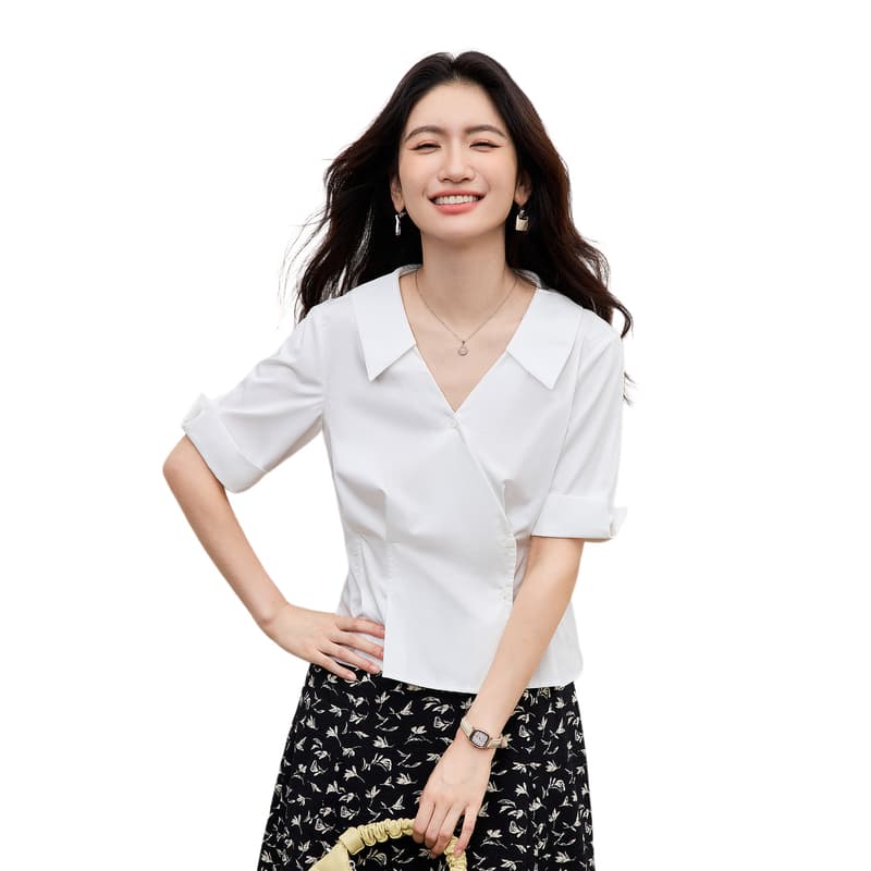 화이트 셔츠 2026 여름 새로운 여성 의류 다용도 긍정적 인 어깨 비스듬한 문 襟 레이스업 허리 수축 폴로 칼라 슬림해 보이는 짧은 맨위 이미지 6