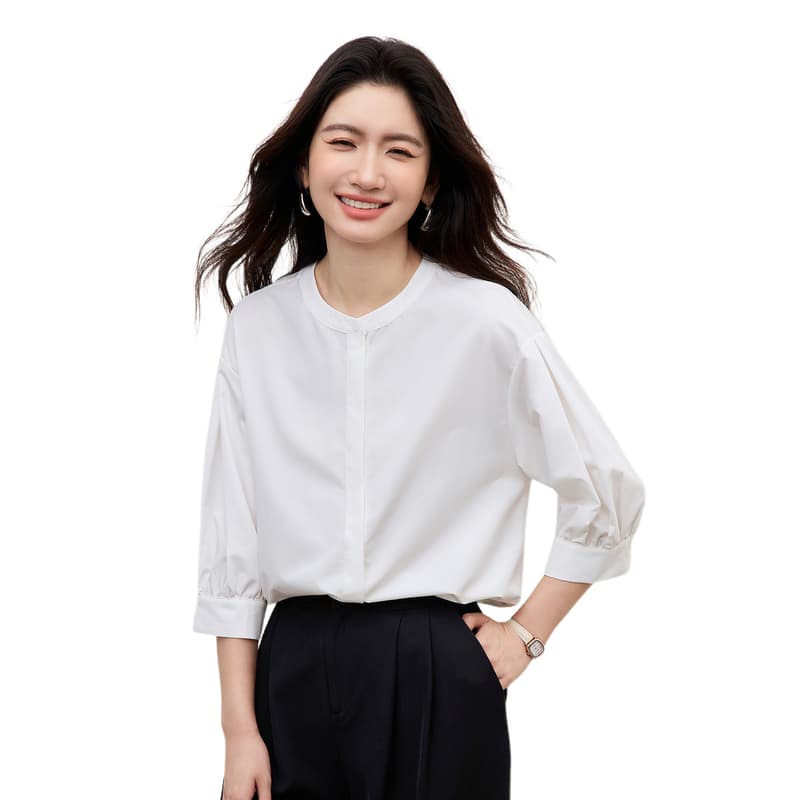 화이트 여성 셔츠 여름 작은 키 다용도 품격 출퇴근 고급 센스 경력 라운드 넥 중간 소매 면접 셔츠 이미지 6