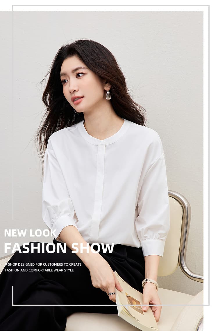 화이트 여성 셔츠 여름 작은 키 다용도 품격 출퇴근 고급 센스 경력 라운드 넥 중간 소매 면접 셔츠 상세 이미지 1