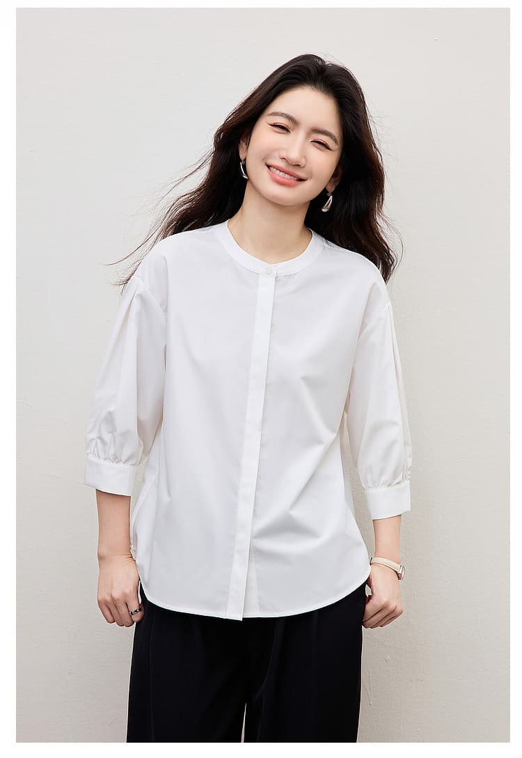 화이트 여성 셔츠 여름 작은 키 다용도 품격 출퇴근 고급 센스 경력 라운드 넥 중간 소매 면접 셔츠 상세 이미지 12