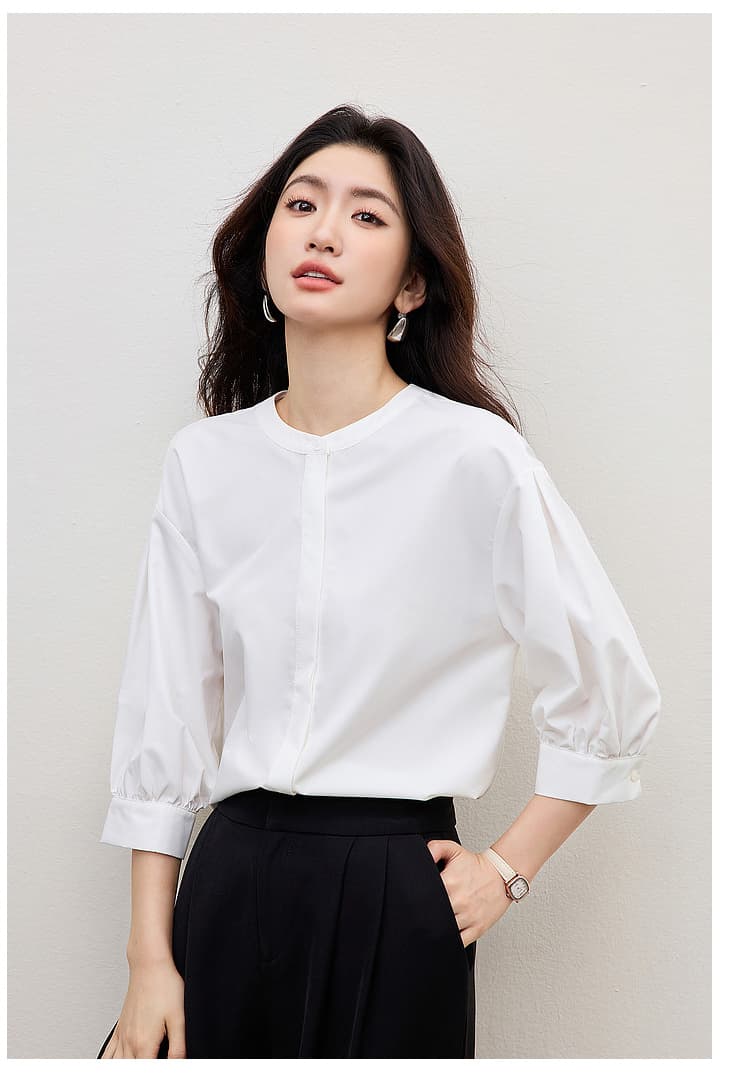 화이트 여성 셔츠 여름 작은 키 다용도 품격 출퇴근 고급 센스 경력 라운드 넥 중간 소매 면접 셔츠 상세 이미지 14