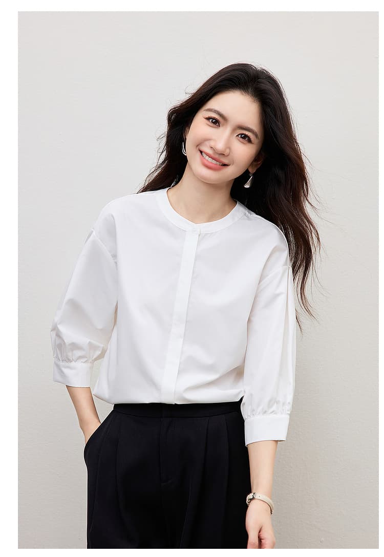 화이트 여성 셔츠 여름 작은 키 다용도 품격 출퇴근 고급 센스 경력 라운드 넥 중간 소매 면접 셔츠 상세 이미지 16