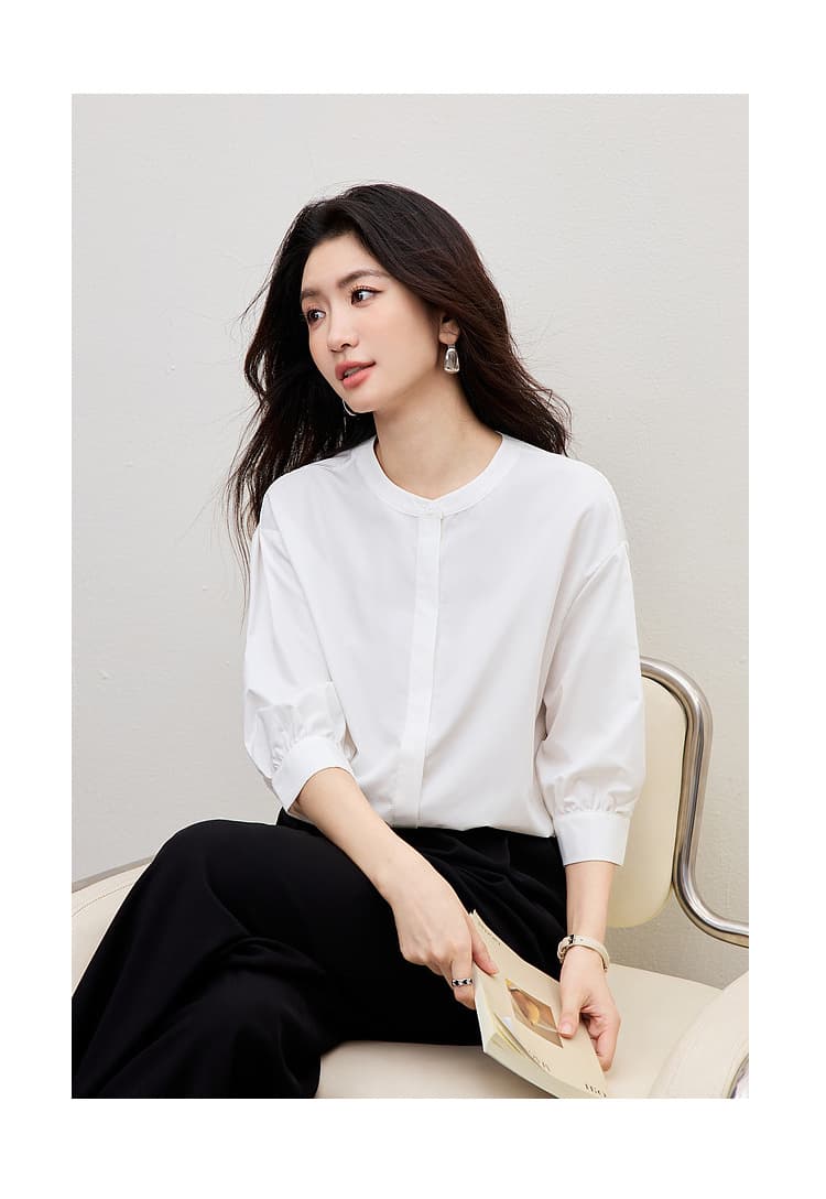 화이트 여성 셔츠 여름 작은 키 다용도 품격 출퇴근 고급 센스 경력 라운드 넥 중간 소매 면접 셔츠 상세 이미지 17