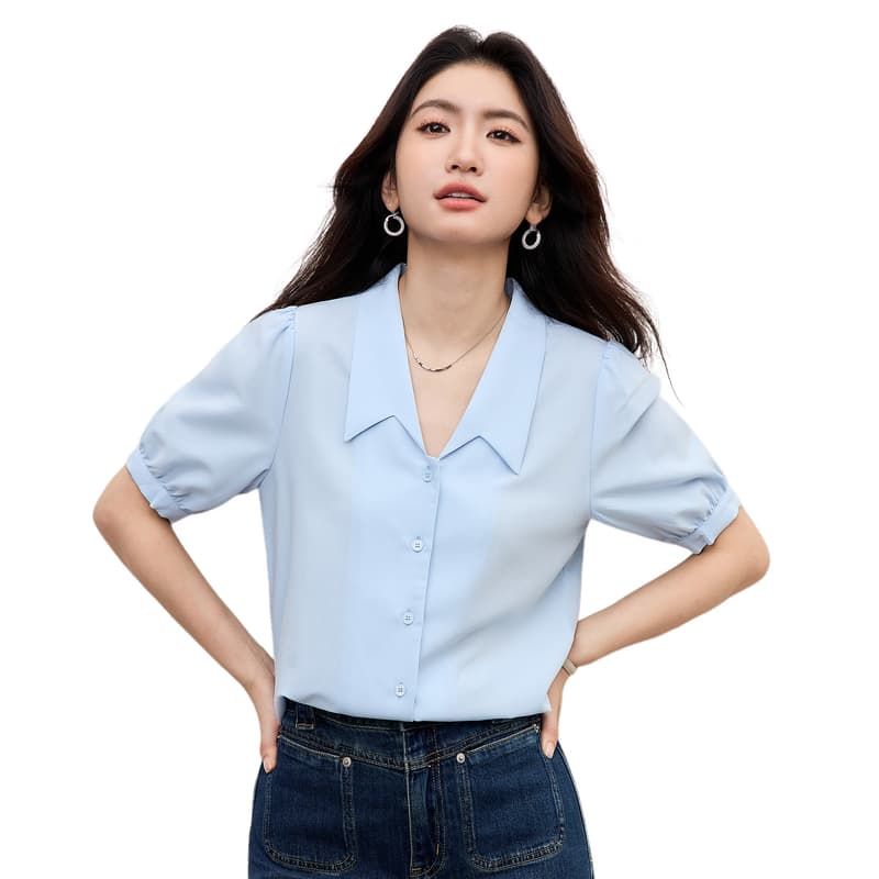 파란색 쉬폰 2026 섹션 봄 가을 맨위 여성 고급 센스 직장 출퇴근 착용 가져 가라. 셔츠 면접 반팔 셔츠 이미지 6