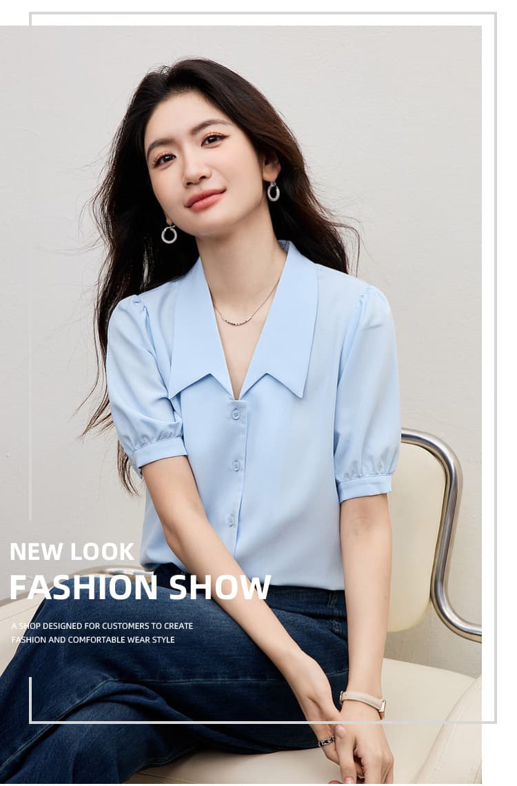 파란색 쉬폰 2026 섹션 봄 가을 맨위 여성 고급 센스 직장 출퇴근 착용 가져 가라. 셔츠 면접 반팔 셔츠 상세 이미지 1