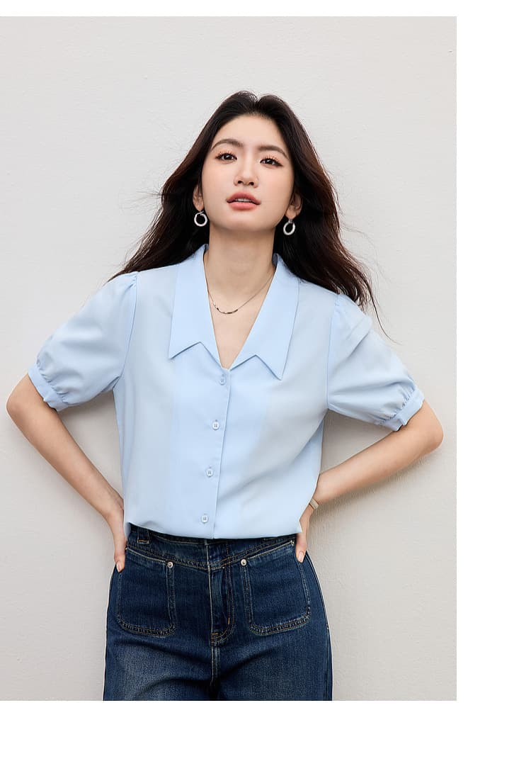 파란색 쉬폰 2026 섹션 봄 가을 맨위 여성 고급 센스 직장 출퇴근 착용 가져 가라. 셔츠 면접 반팔 셔츠 상세 이미지 13