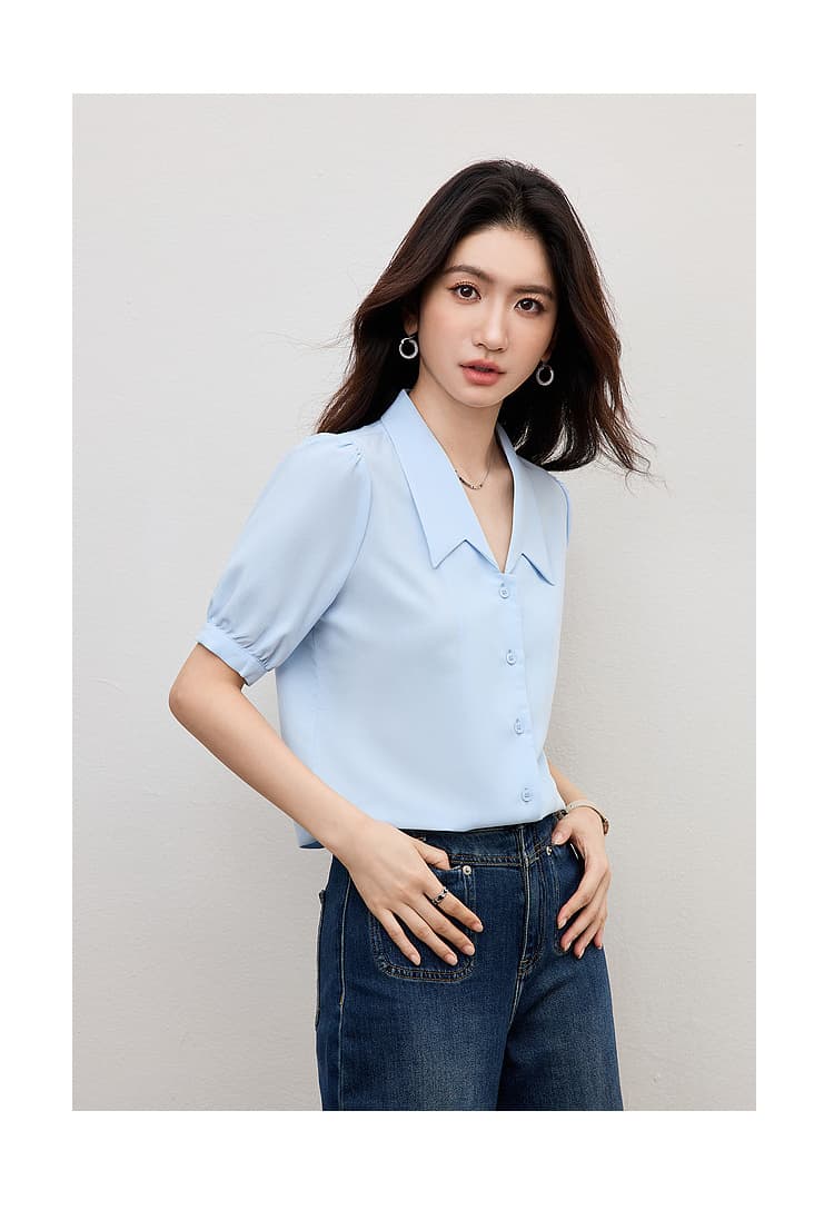 파란색 쉬폰 2026 섹션 봄 가을 맨위 여성 고급 센스 직장 출퇴근 착용 가져 가라. 셔츠 면접 반팔 셔츠 상세 이미지 17