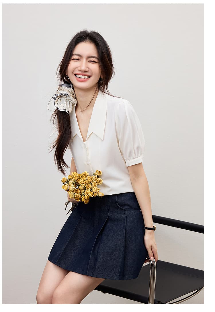 파란색 쉬폰 2026 섹션 봄 가을 맨위 여성 고급 센스 직장 출퇴근 착용 가져 가라. 셔츠 면접 반팔 셔츠 상세 이미지 24