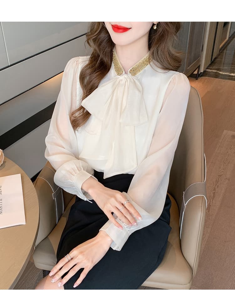 실사 2026 봄 새로운 프랑스식 디자인 센스 작은 대중 스팽글 나비 매듭 쉬폰 블라우스 여성 셔츠 상세 이미지 19