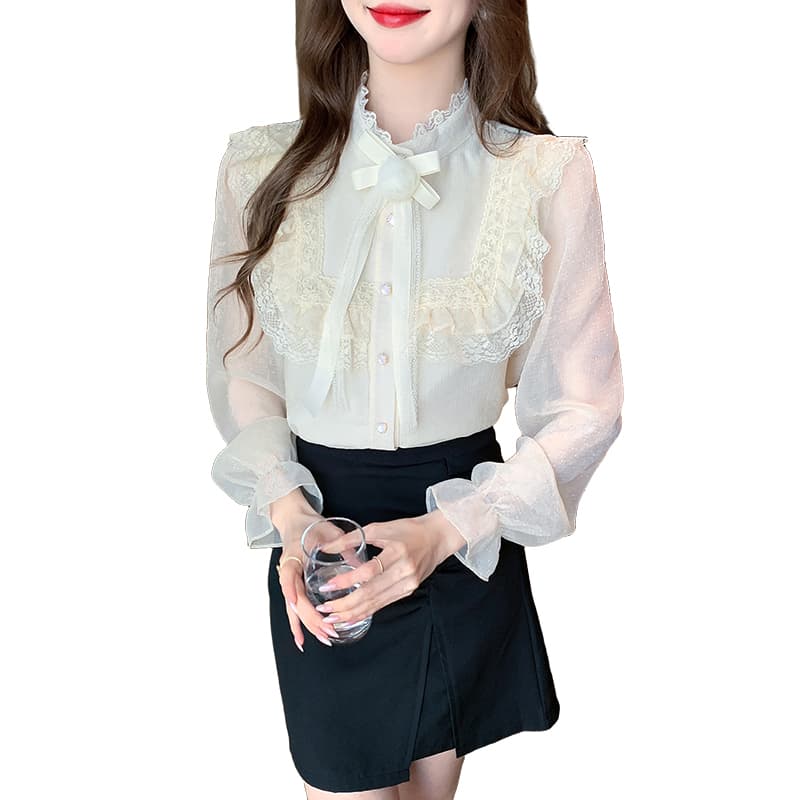 2026 가을 실사 작은 샤넬 스타일 빛 럭셔리 레이스 반하이넥 맨위 레이스 패치워크 품격 우아함 꽃 셔츠 이미지 6