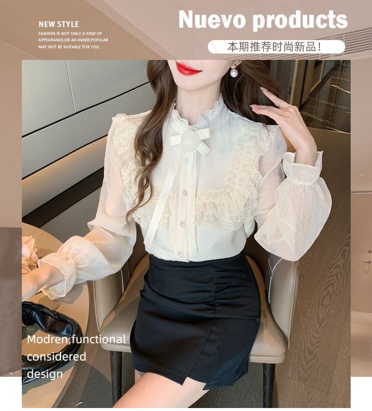 2026 가을 실사 작은 샤넬 스타일 빛 럭셔리 레이스 반하이넥 맨위 레이스 패치워크 품격 우아함 꽃 셔츠 상세 이미지 1