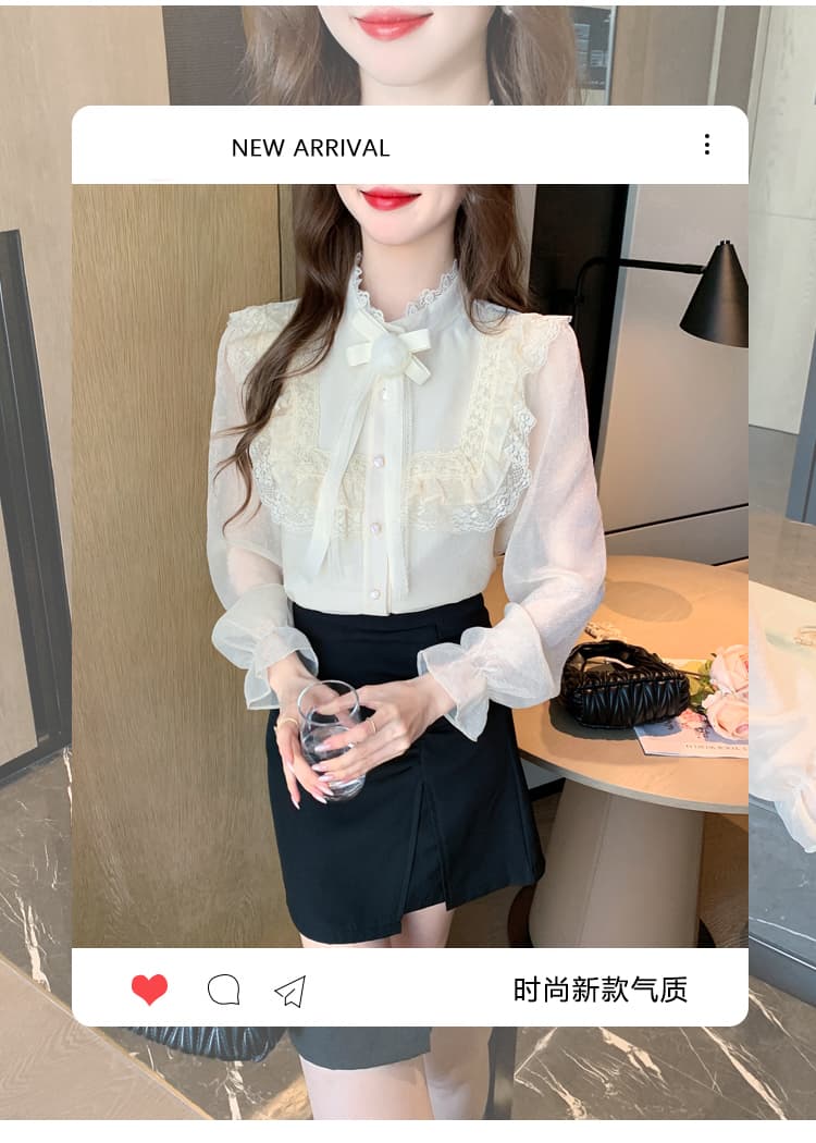 2026 가을 실사 작은 샤넬 스타일 빛 럭셔리 레이스 반하이넥 맨위 레이스 패치워크 품격 우아함 꽃 셔츠 상세 이미지 4
