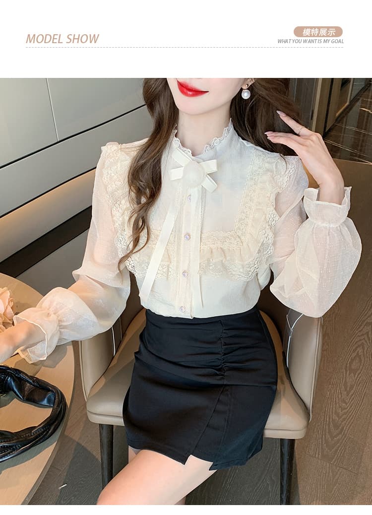 2026 가을 실사 작은 샤넬 스타일 빛 럭셔리 레이스 반하이넥 맨위 레이스 패치워크 품격 우아함 꽃 셔츠 상세 이미지 11