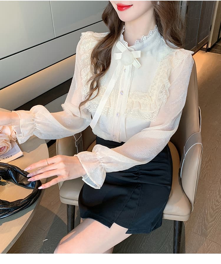 2026 가을 실사 작은 샤넬 스타일 빛 럭셔리 레이스 반하이넥 맨위 레이스 패치워크 품격 우아함 꽃 셔츠 상세 이미지 14