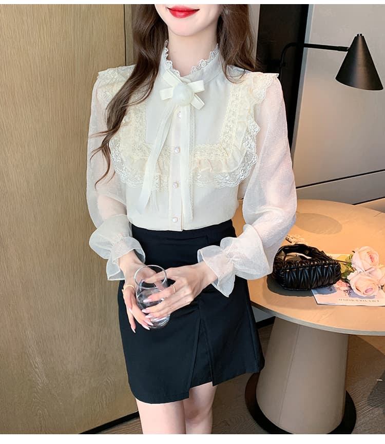 2026 가을 실사 작은 샤넬 스타일 빛 럭셔리 레이스 반하이넥 맨위 레이스 패치워크 품격 우아함 꽃 셔츠 상세 이미지 17
