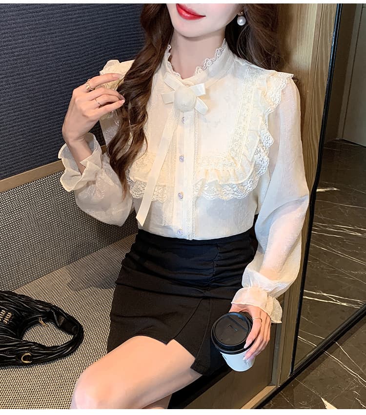 2026 가을 실사 작은 샤넬 스타일 빛 럭셔리 레이스 반하이넥 맨위 레이스 패치워크 품격 우아함 꽃 셔츠 상세 이미지 23