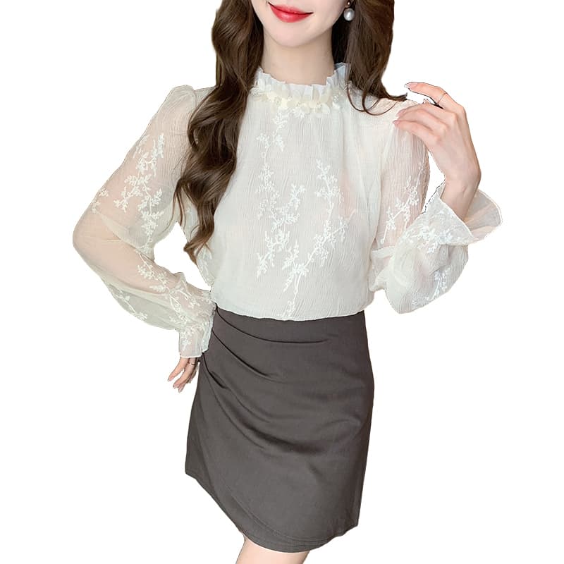 2026 가을 실사 프랑스식 프릴 스탠드 칼라 긴팔 레이스 자수 셔츠 여성 패션 슬림해 보이는 풀오버 맨위 이미지 6