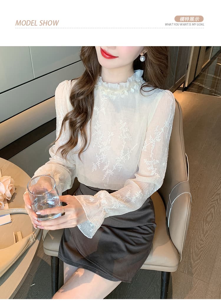 2026 가을 실사 프랑스식 프릴 스탠드 칼라 긴팔 레이스 자수 셔츠 여성 패션 슬림해 보이는 풀오버 맨위 상세 이미지 11