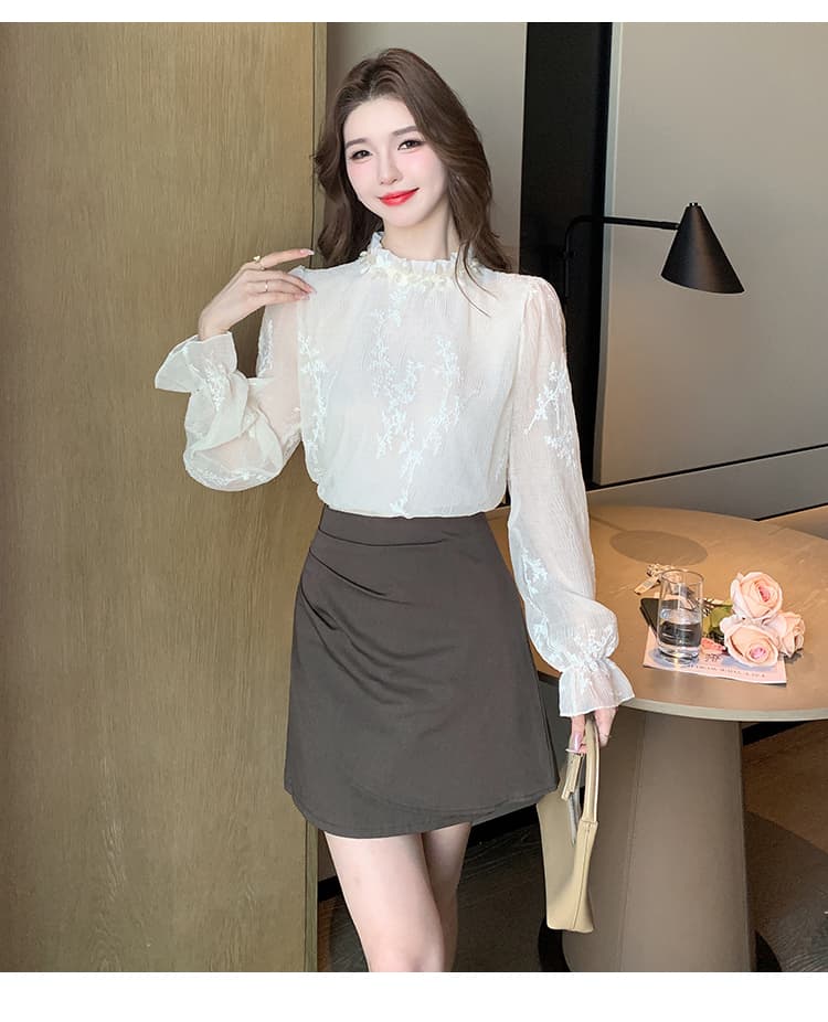 2026 가을 실사 프랑스식 프릴 스탠드 칼라 긴팔 레이스 자수 셔츠 여성 패션 슬림해 보이는 풀오버 맨위 상세 이미지 19