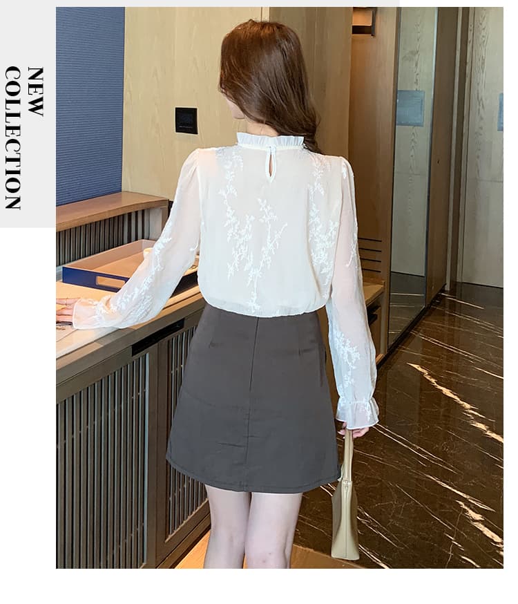 2026 가을 실사 프랑스식 프릴 스탠드 칼라 긴팔 레이스 자수 셔츠 여성 패션 슬림해 보이는 풀오버 맨위 상세 이미지 24