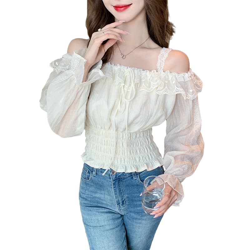 2026 가을 실사 프릴 행침 목 긴팔 쉬폰 블라우스 디자인 센스 허리 수축 슬림해 보이는 오프숄더 작은 셔츠 맨위 여성 이미지 6
