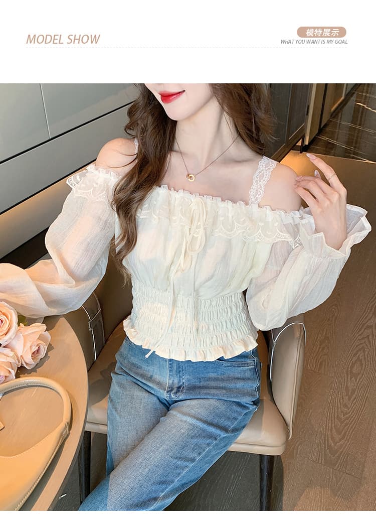 2026 가을 실사 프릴 행침 목 긴팔 쉬폰 블라우스 디자인 센스 허리 수축 슬림해 보이는 오프숄더 작은 셔츠 맨위 여성 상세 이미지 11