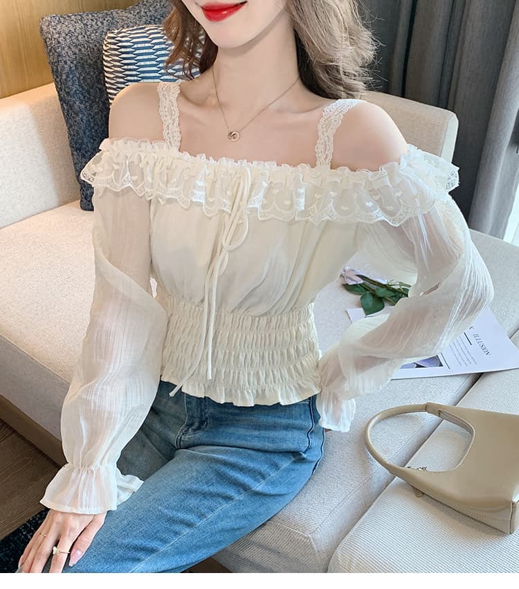 2026 가을 실사 프릴 행침 목 긴팔 쉬폰 블라우스 디자인 센스 허리 수축 슬림해 보이는 오프숄더 작은 셔츠 맨위 여성 상세 이미지 19