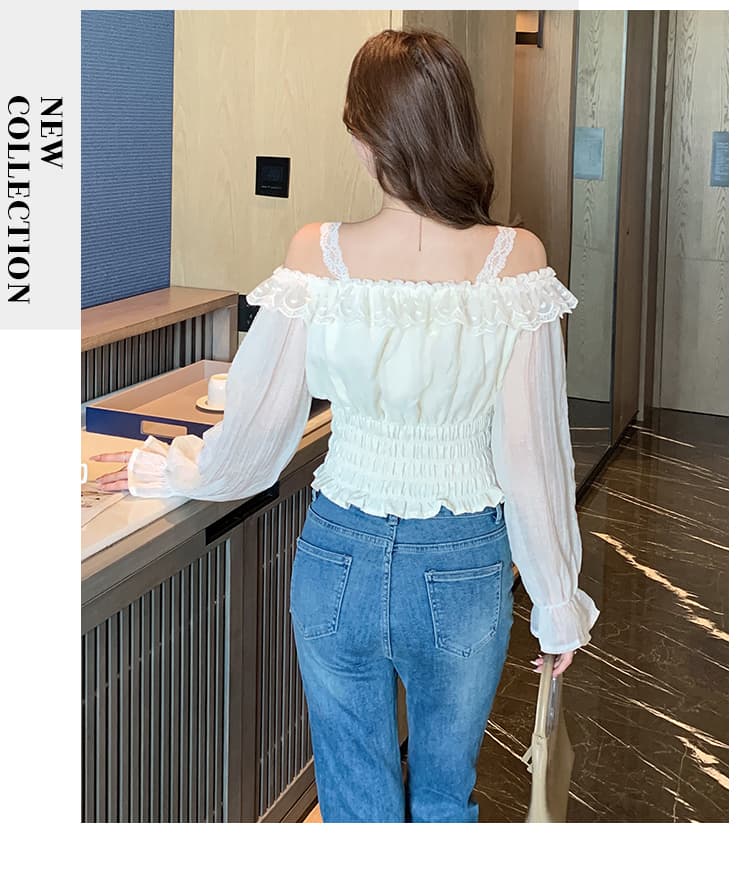 2026 가을 실사 프릴 행침 목 긴팔 쉬폰 블라우스 디자인 센스 허리 수축 슬림해 보이는 오프숄더 작은 셔츠 맨위 여성 상세 이미지 24