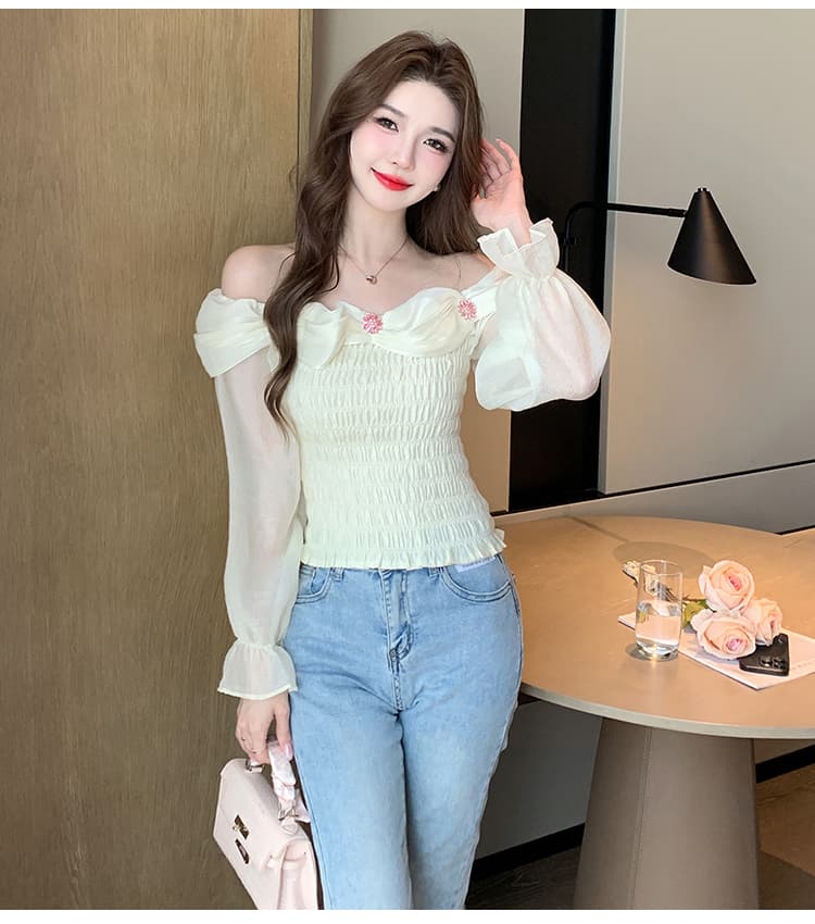 2026 가을 실사 오프숄더 반팔 티셔츠 여성 프랑스식 사소한 외국 가스 작은 셔츠 Chic 아름다운 오프숄더 맨위 상세 이미지 15