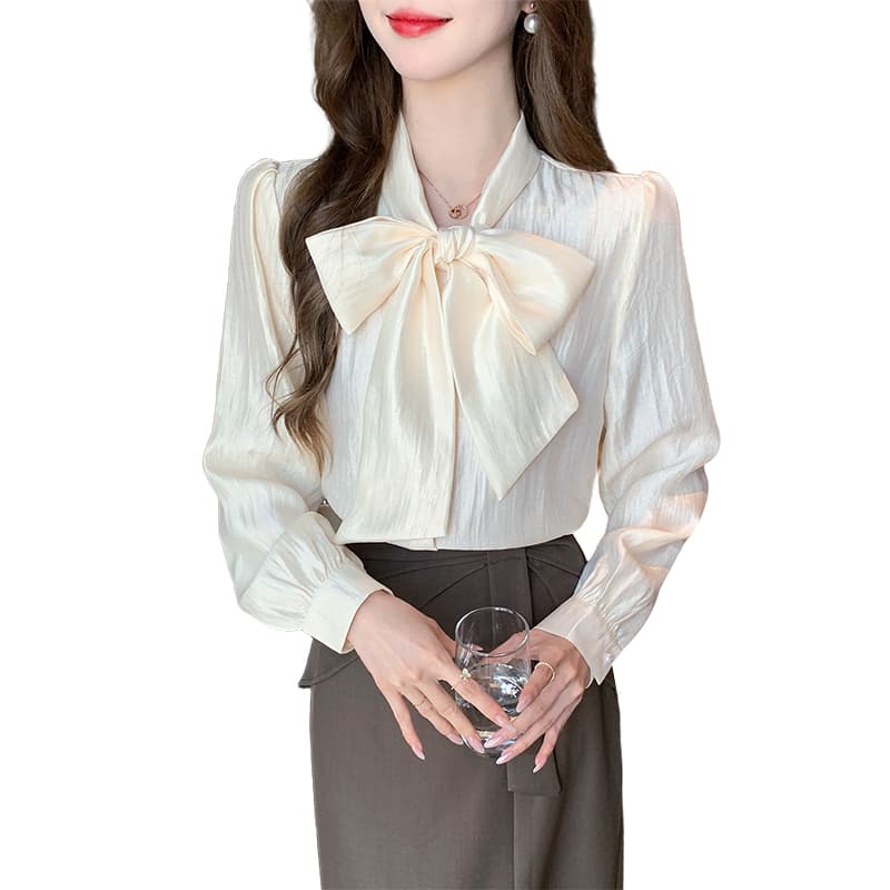 2026 가을 실사 나비 매듭 쉬폰 셔츠 여성 고급 센스 빛 럭셔리 연령 감소 외국 가스 긴팔 맨위 이미지 6