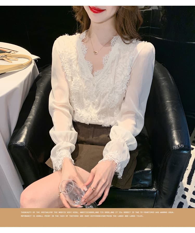 2026 실사 가을 새로운 부드러운 바람 레이스 레이스 V넥 긴팔 여성 셔츠 품격 싱글 줄 버튼 맨위 상세 이미지 4