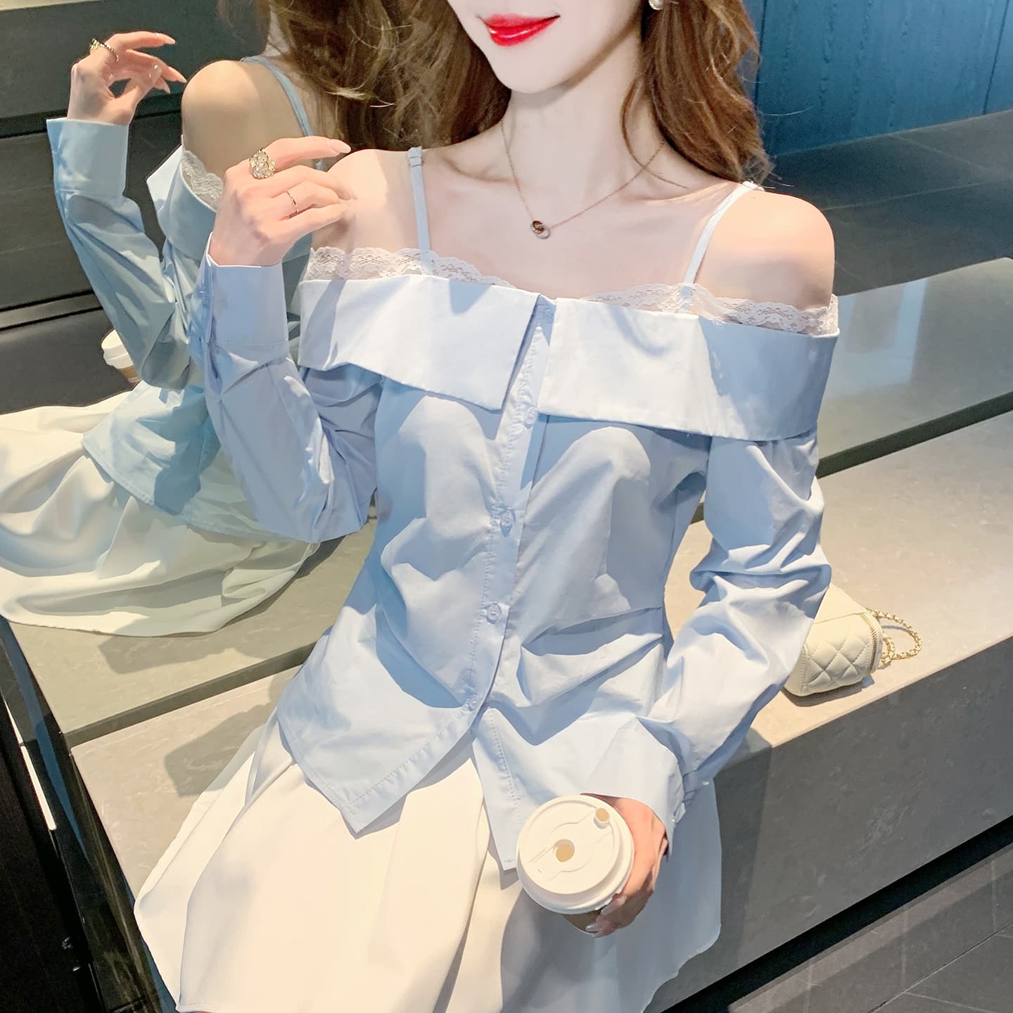 2026 가을 실사 레이스 레이스 보트넥 슬립 여성 셔츠 부드러운 품격 프랑스식 몸매 가꾸기 긴팔 맨위 이미지 3