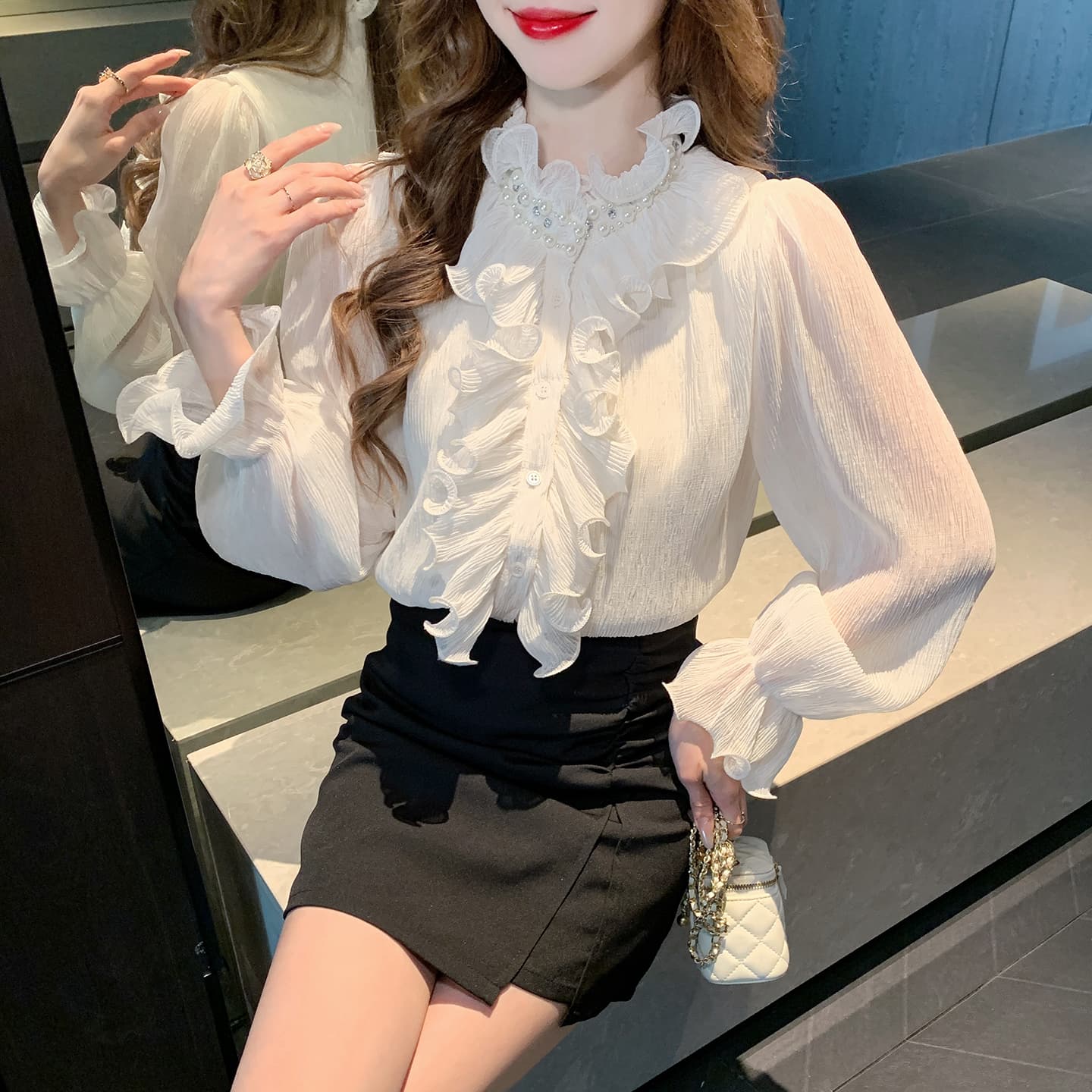 2026 봄 실사 프랑스식 레트로 궁정 바람 프릴 여성 셔츠 디자인 센스 고급 스탠드 칼라 외국 가스 셔츠 이미지 3